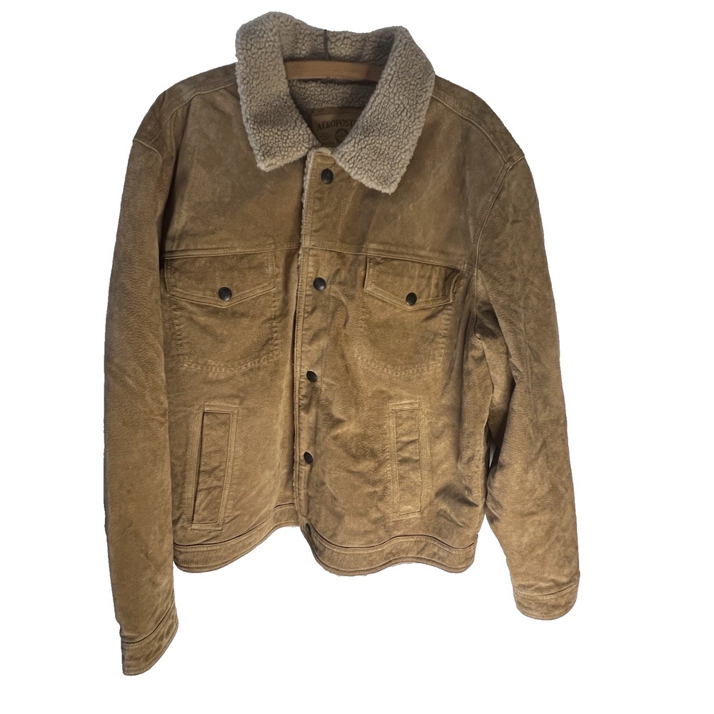 Vtg Y2K Aeropostale Leather Brown Jacket Men XL  Sherpa‎ Fleece Lined Bomber